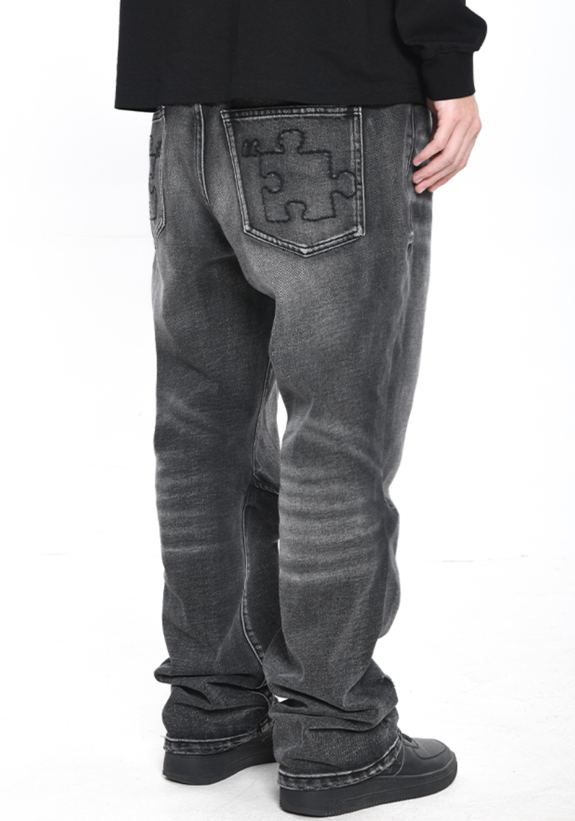 YADcrew Puzzle Embroidery Washed Jeans
