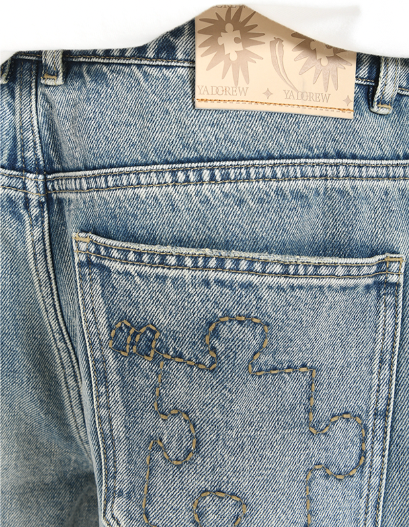 YADcrew Puzzle Embroidery Washed Jeans