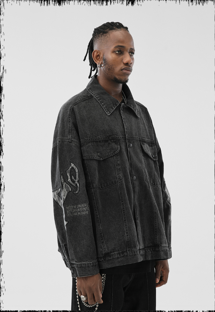 JHYQ Washed Embroidered Print Denim Jacket