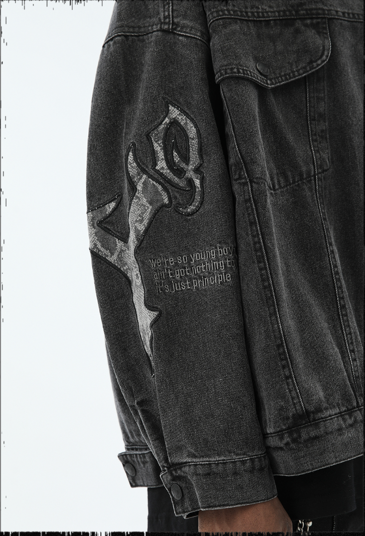 JHYQ Washed Embroidered Print Denim Jacket