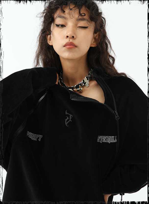 JHYQ Corduroy Embroidered Neck Zipper Jacket