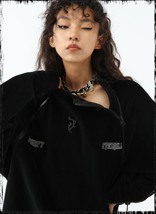 JHYQ Corduroy Embroidered Neck Zipper Jacket