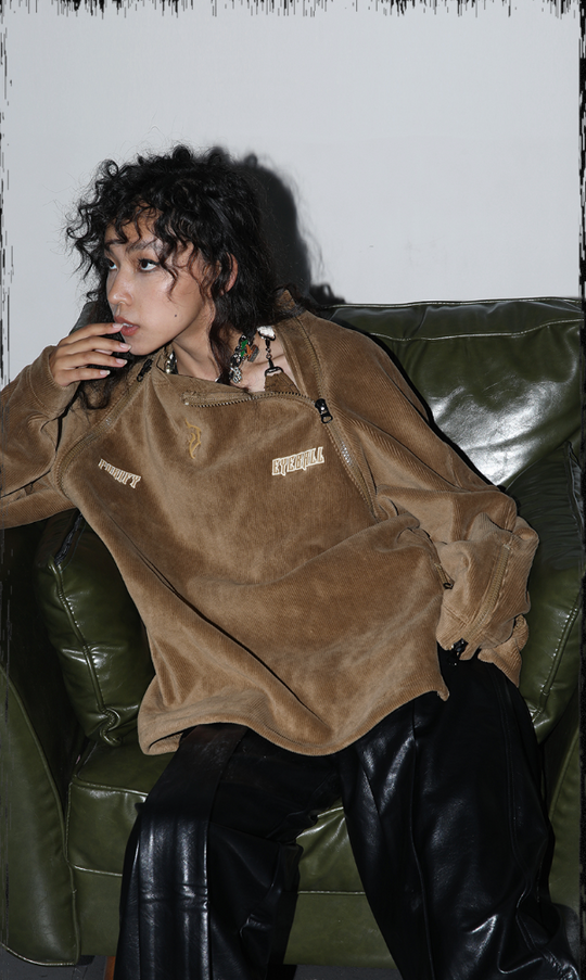 JHYQ Corduroy Embroidered Neck Zipper Jacket