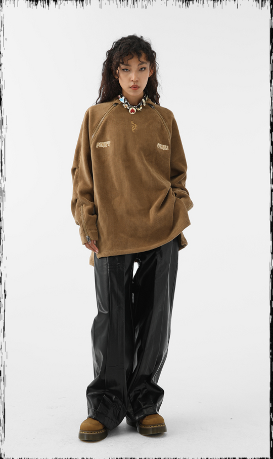 JHYQ Corduroy Embroidered Neck Zipper Jacket