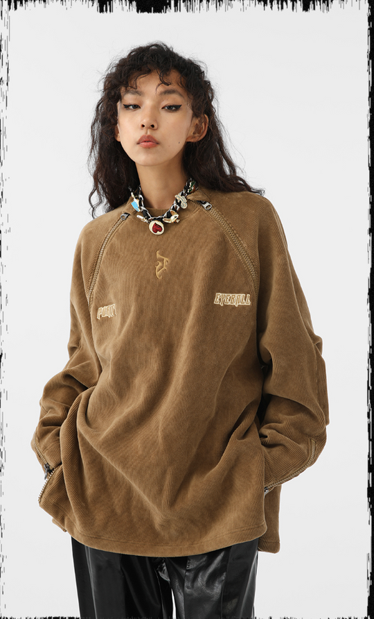 JHYQ Corduroy Embroidered Neck Zipper Jacket