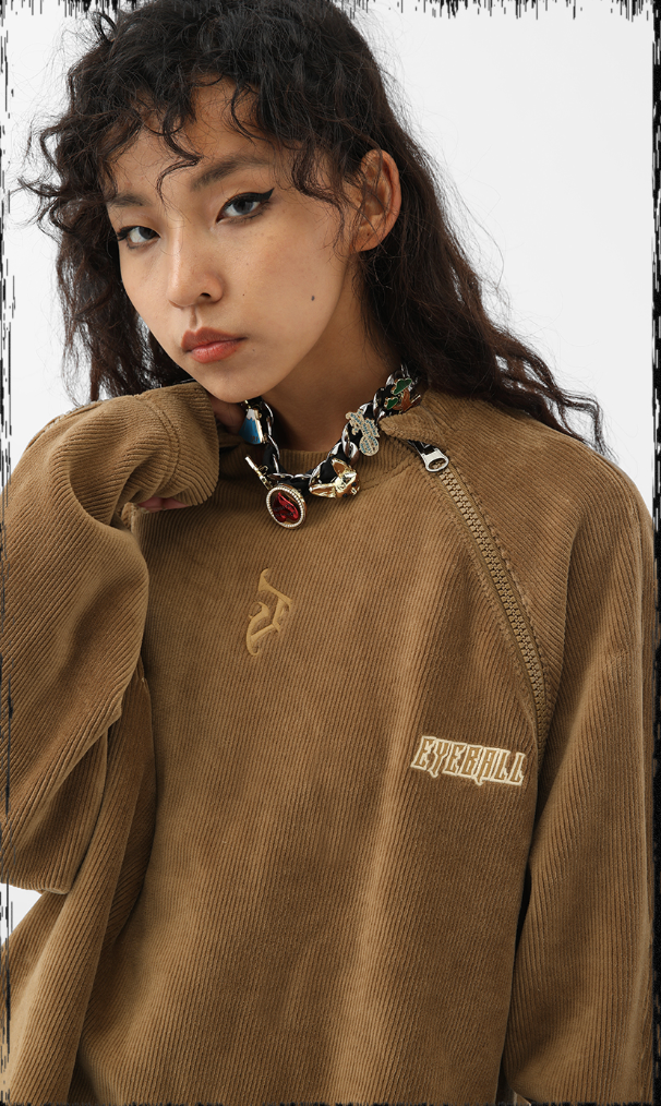 JHYQ Corduroy Embroidered Neck Zipper Jacket