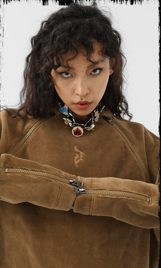 JHYQ Corduroy Embroidered Neck Zipper Jacket