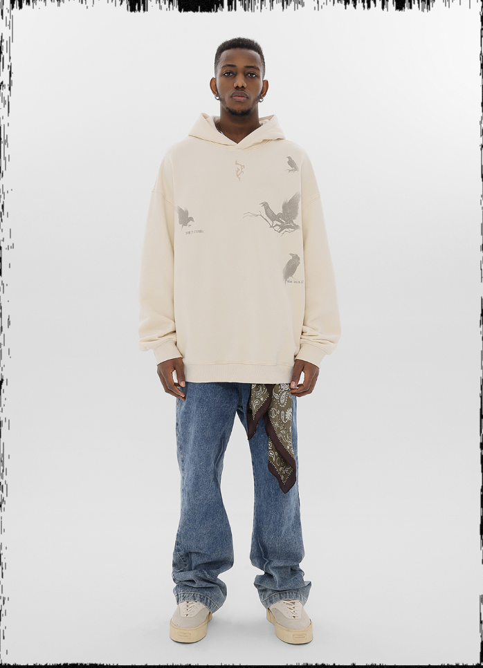 JHYQ Logo Embroidered Flying Bird Printed Hoodie