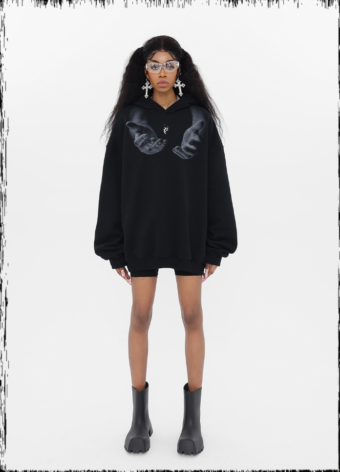 JHYQ Letters Embroidered Hand Held Print Hoodie