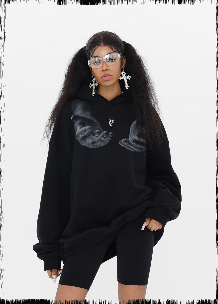 JHYQ Letters Embroidered Hand Held Print Hoodie