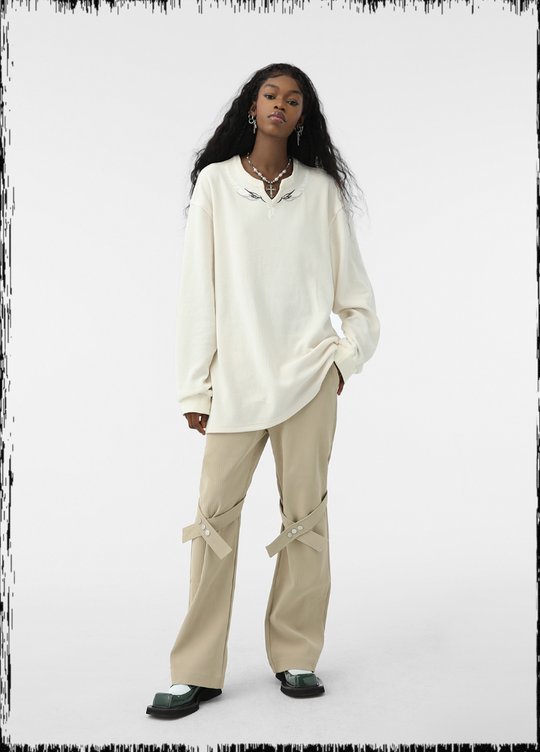 JHYQ Eyes Embroidered V Neck Waffle Long Sleeved Tee