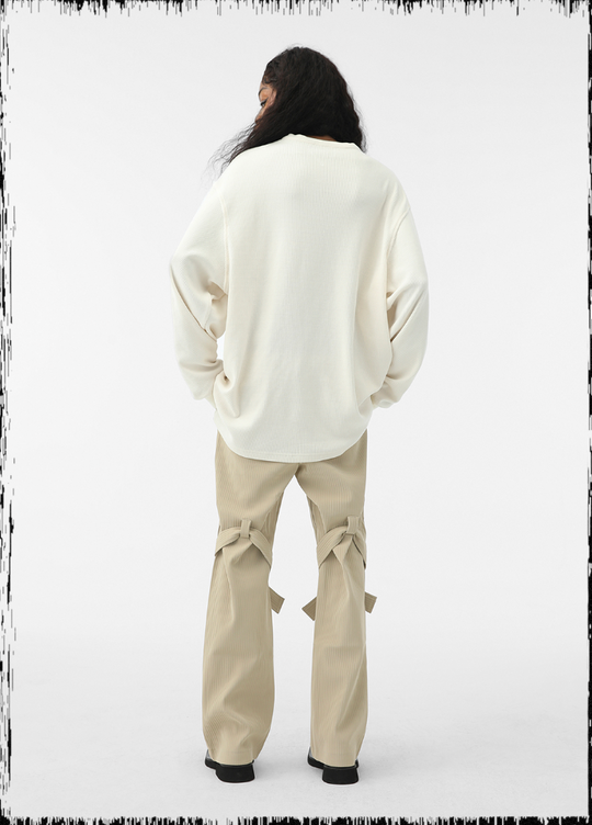 JHYQ Eyes Embroidered V Neck Waffle Long Sleeved Tee