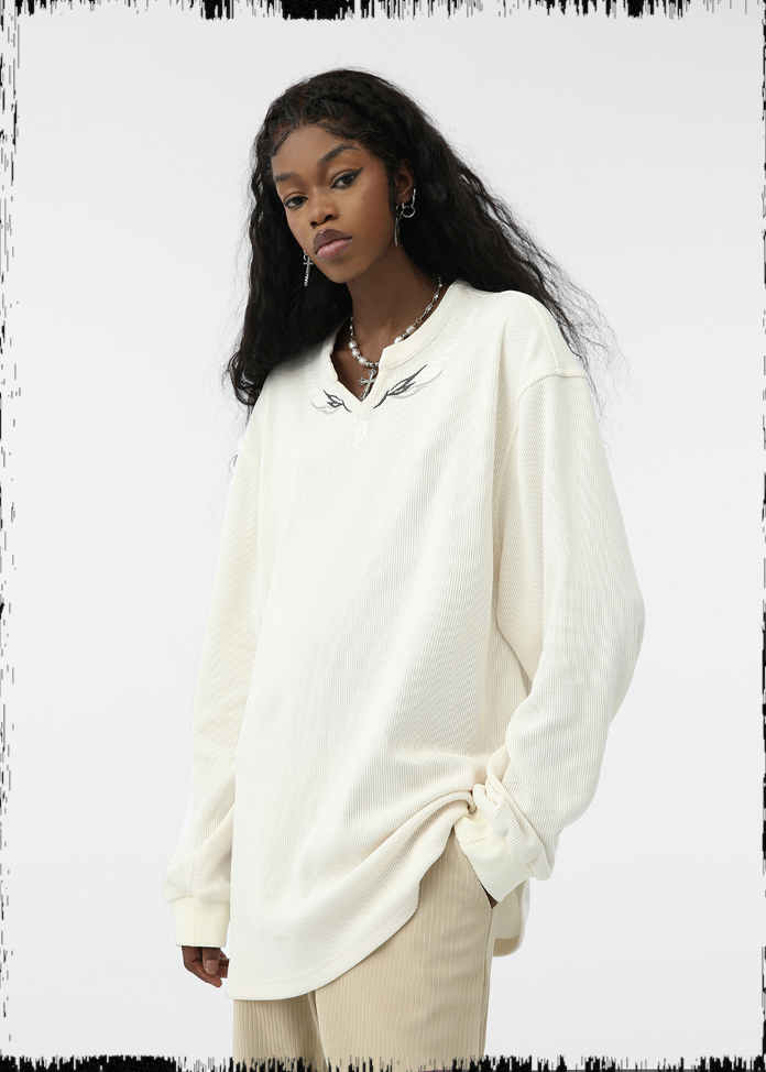 JHYQ Eyes Embroidered V Neck Waffle Long Sleeved Tee