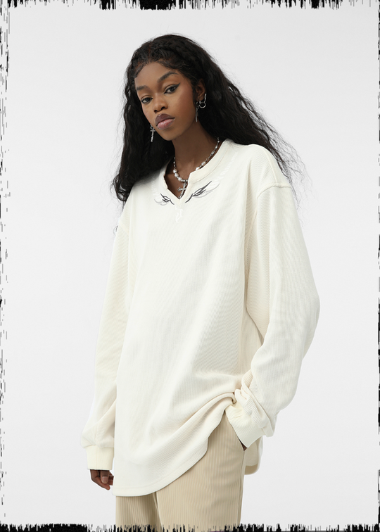 JHYQ Eyes Embroidered V Neck Waffle Long Sleeved Tee