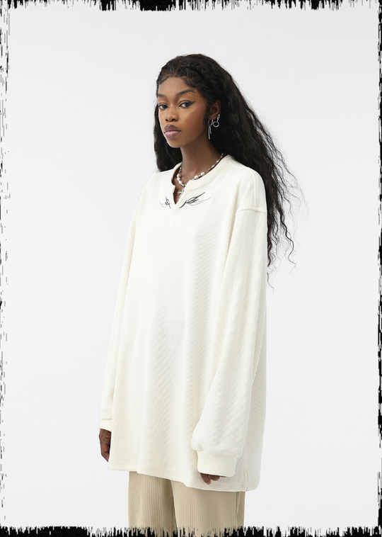 JHYQ Eyes Embroidered V Neck Waffle Long Sleeved Tee