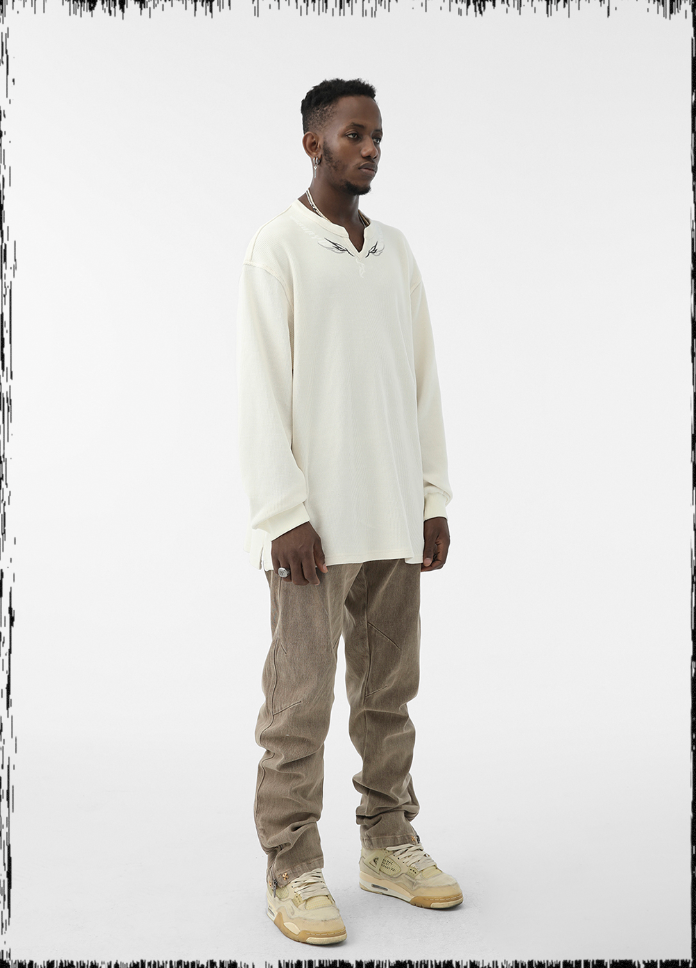 JHYQ Eyes Embroidered V Neck Waffle Long Sleeved Tee