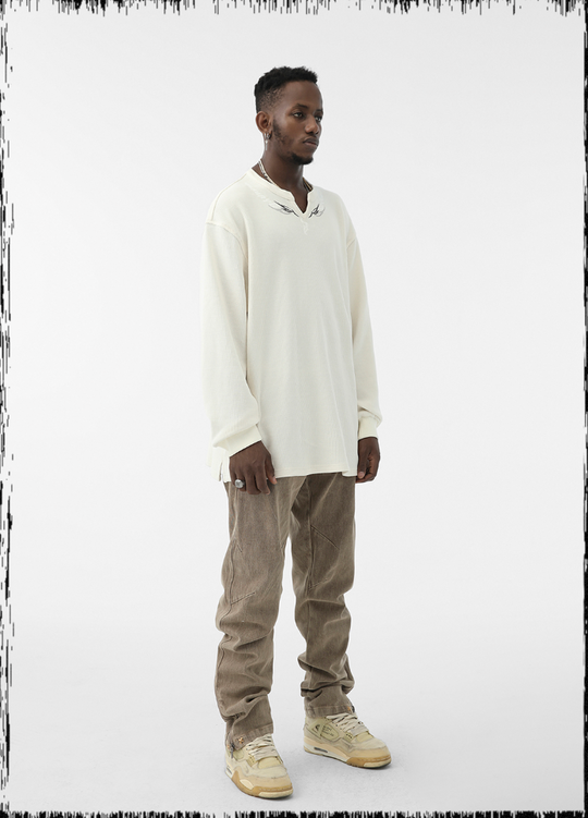 JHYQ Eyes Embroidered V Neck Waffle Long Sleeved Tee