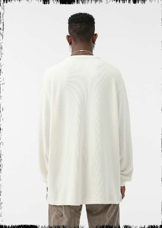 JHYQ Eyes Embroidered V Neck Waffle Long Sleeved Tee