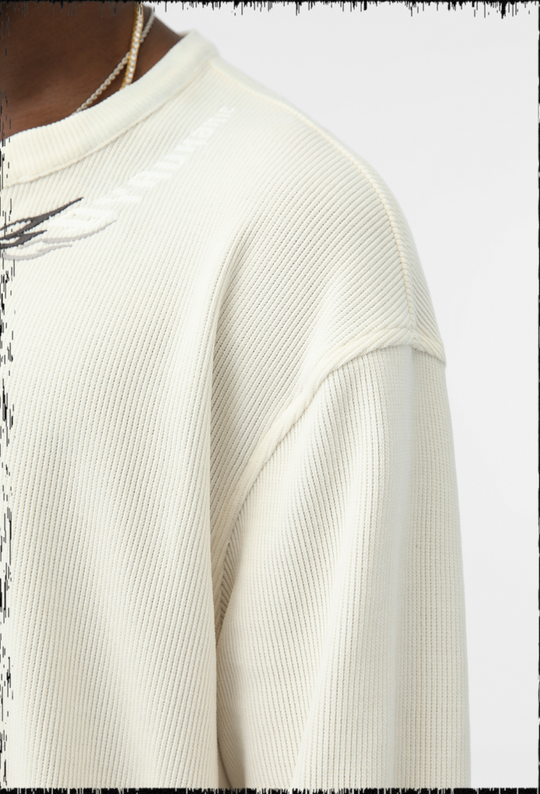 JHYQ Eyes Embroidered V Neck Waffle Long Sleeved Tee