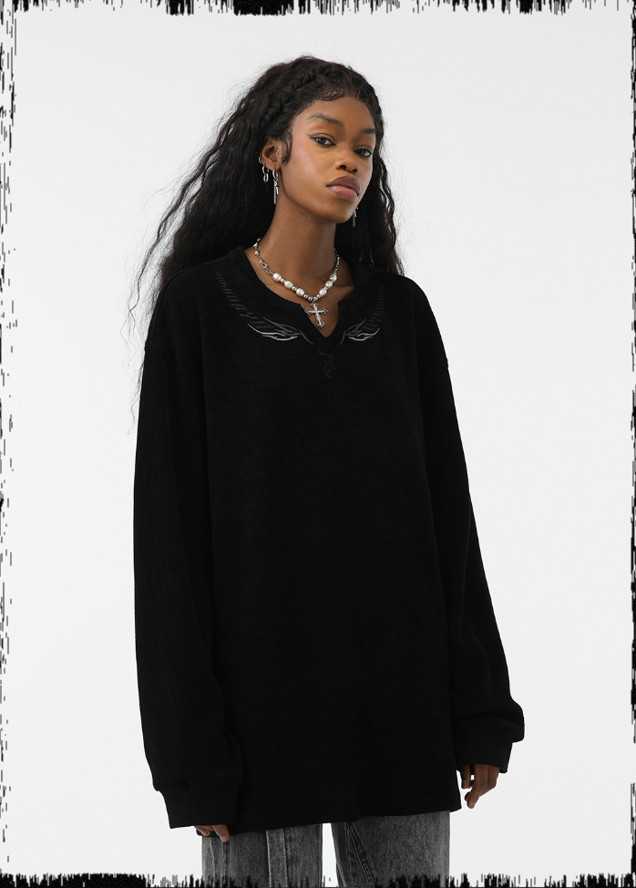 JHYQ Eyes Embroidered V Neck Waffle Long Sleeved Tee