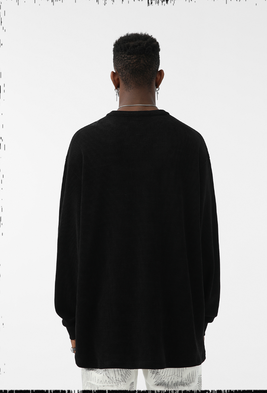 JHYQ Eyes Embroidered V Neck Waffle Long Sleeved Tee