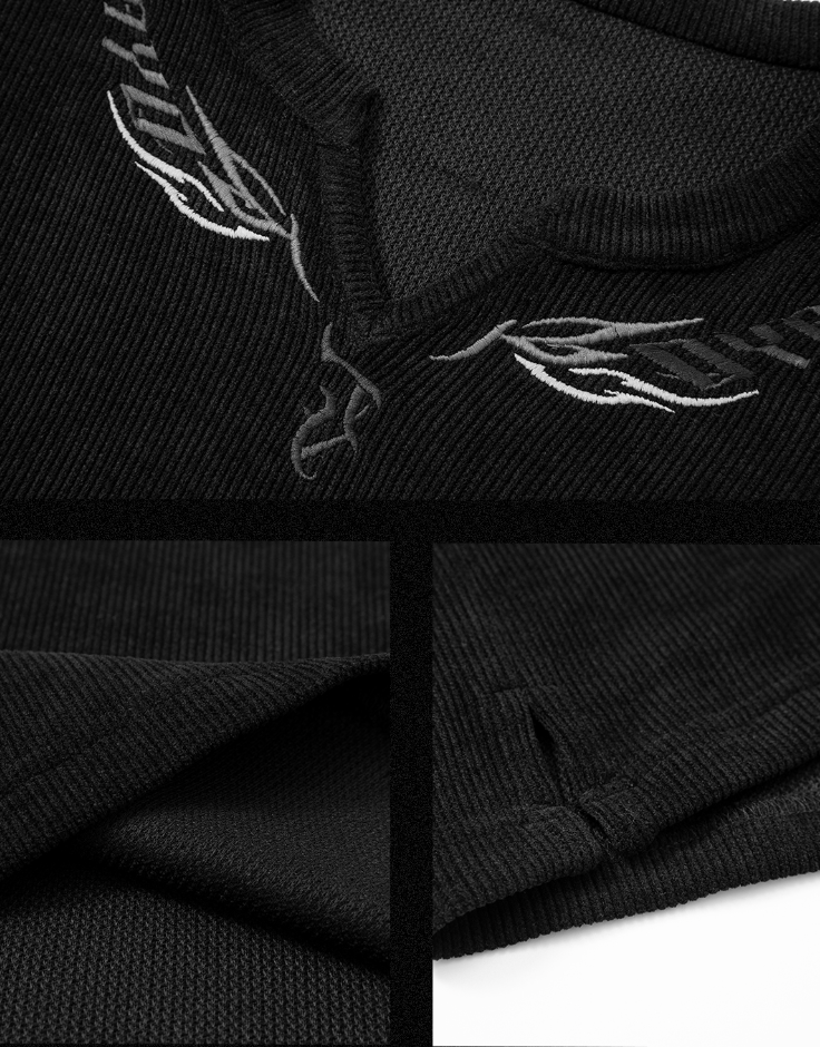 JHYQ Eyes Embroidered V Neck Waffle Long Sleeved Tee