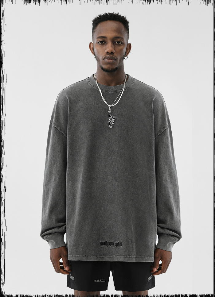 JHYQ Basic Embroidery Old Washed Long Sleeved Tee