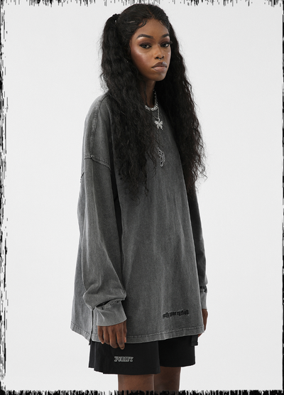 JHYQ Basic Embroidery Old Washed Long Sleeved Tee