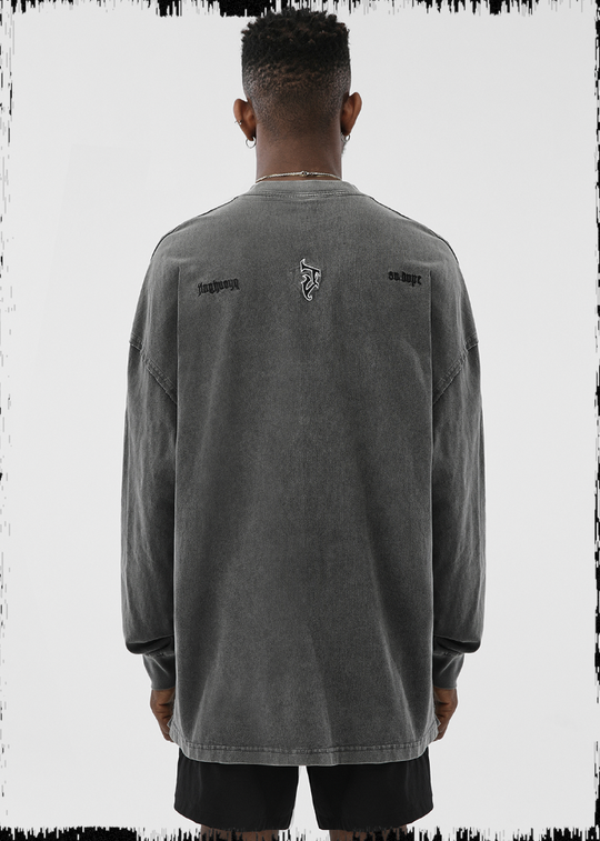 JHYQ Basic Embroidery Old Washed Long Sleeved Tee