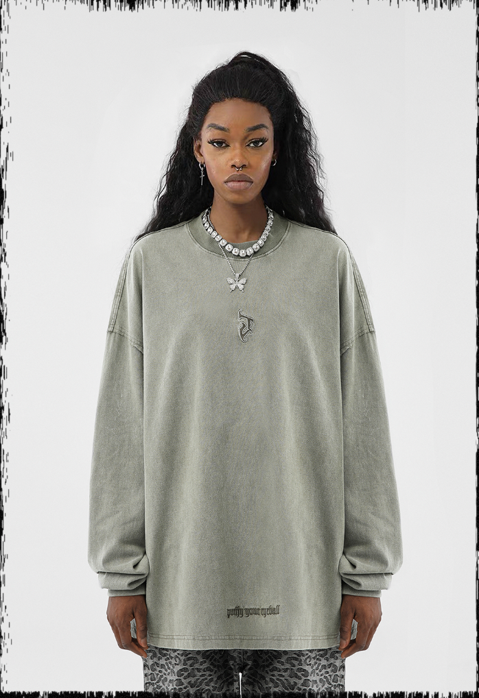 JHYQ Basic Embroidery Old Washed Long Sleeved Tee