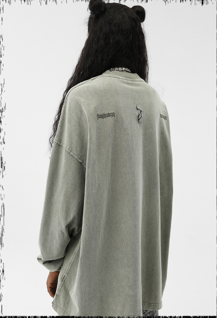 JHYQ Basic Embroidery Old Washed Long Sleeved Tee