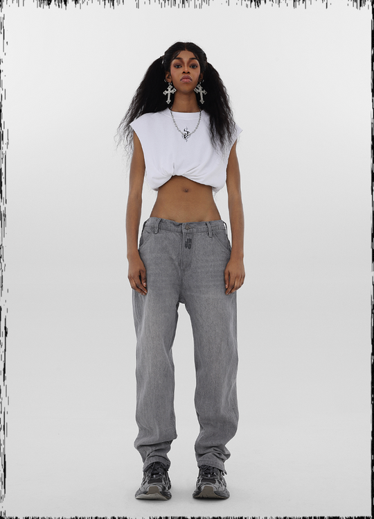 JHYQ Washed Logo Embroidery Denim Jeans