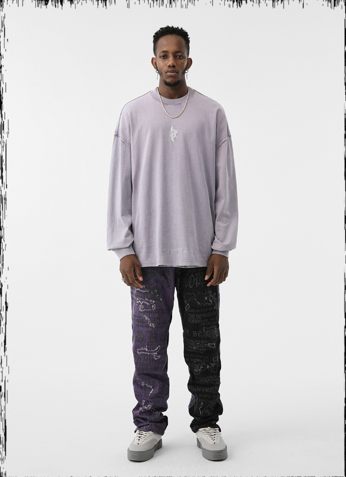 JHYQ Torn Patch Print Color Blocking Denim Jeans