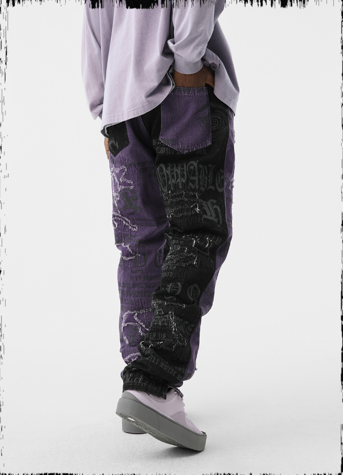 JHYQ Torn Patch Print Color Blocking Denim Jeans