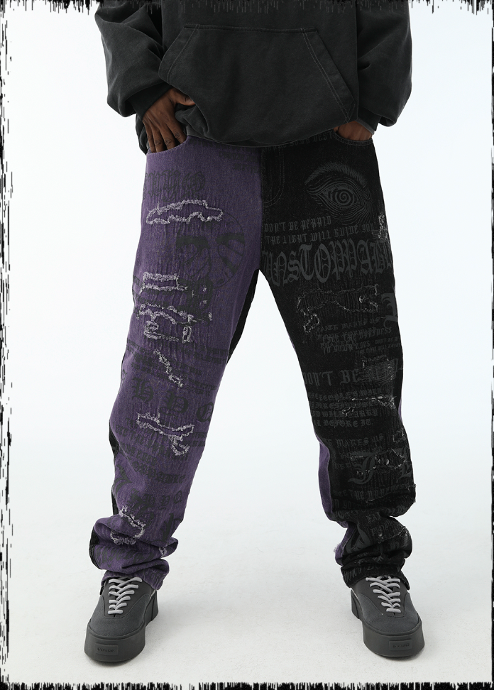 JHYQ Torn Patch Print Color Blocking Denim Jeans