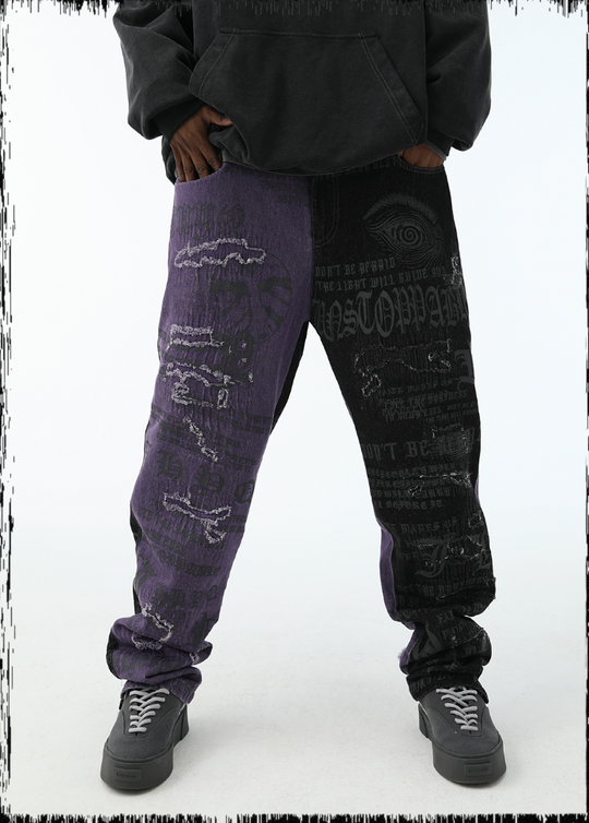 JHYQ Torn Patch Print Color Blocking Denim Jeans