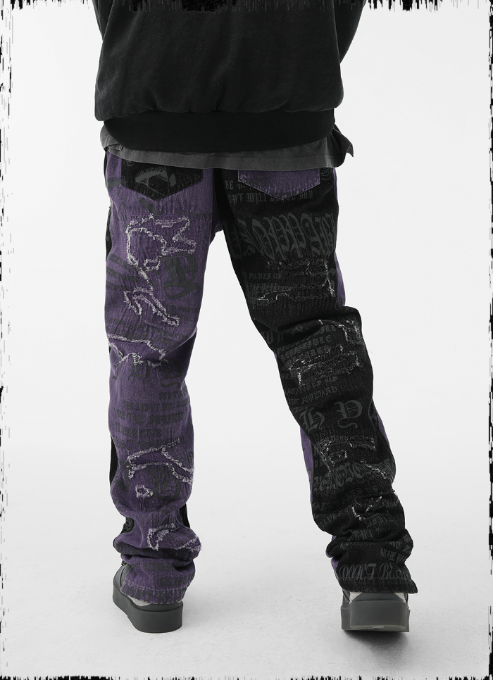 JHYQ Torn Patch Print Color Blocking Denim Jeans