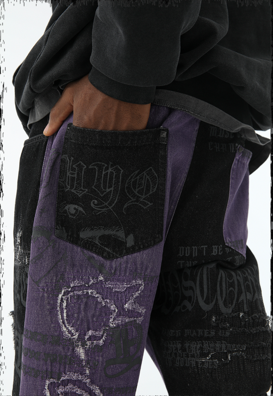 JHYQ Torn Patch Print Color Blocking Denim Jeans