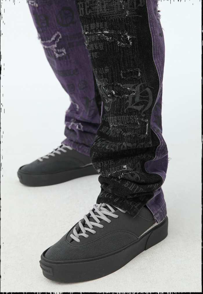 JHYQ Torn Patch Print Color Blocking Denim Jeans