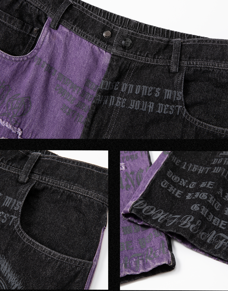 JHYQ Torn Patch Print Color Blocking Denim Jeans