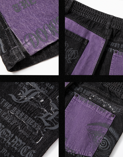 JHYQ Torn Patch Print Color Blocking Denim Jeans