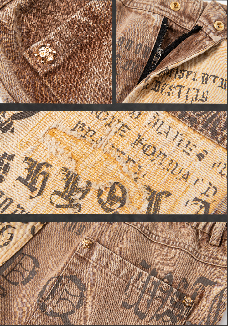 JHYQ Burlap Slim Gothic Print Color Blocking Pants