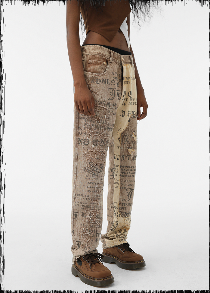 JHYQ Burlap Slim Gothic Print Color Blocking Pants
