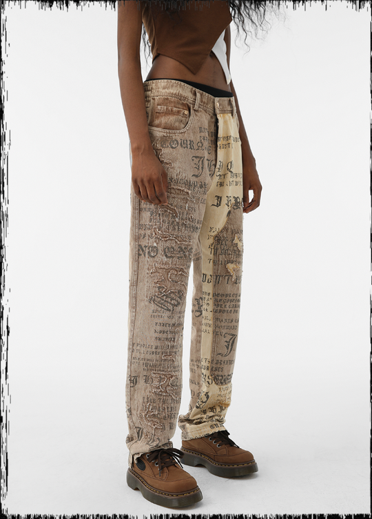 JHYQ Burlap Slim Gothic Print Color Blocking Pants
