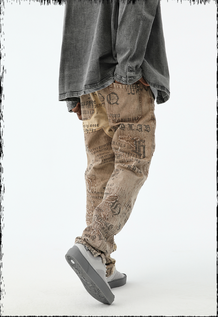 JHYQ Burlap Slim Gothic Print Color Blocking Pants