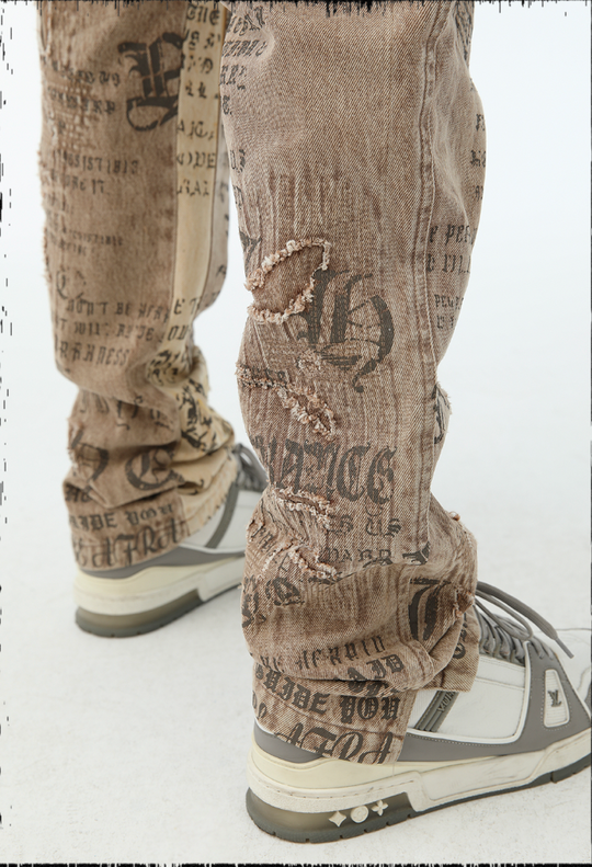 JHYQ Burlap Slim Gothic Print Color Blocking Pants