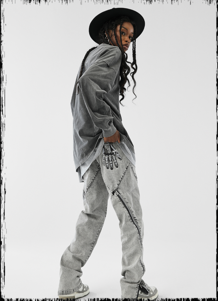 JHYQ Slim Zipper Openings Printed Denim Jeans