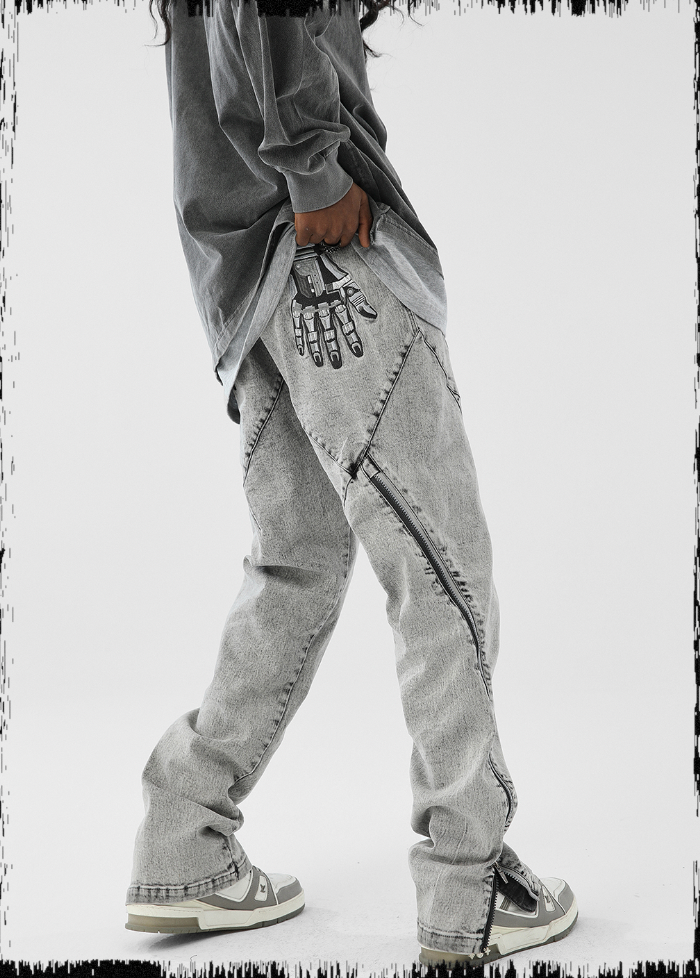 JHYQ Slim Zipper Openings Printed Denim Jeans