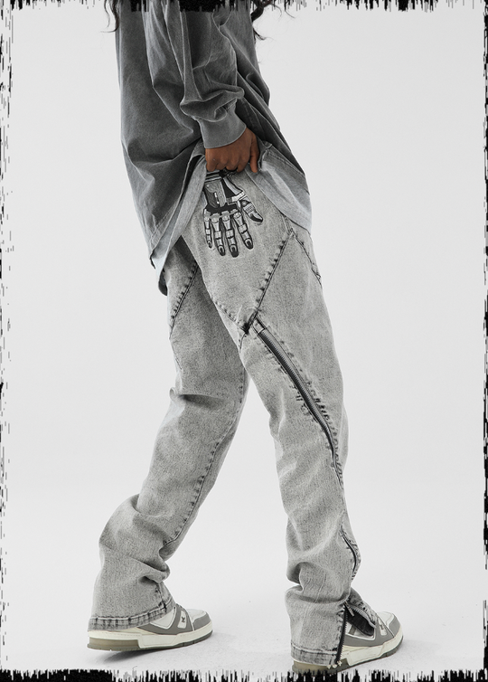 JHYQ Slim Zipper Openings Printed Denim Jeans