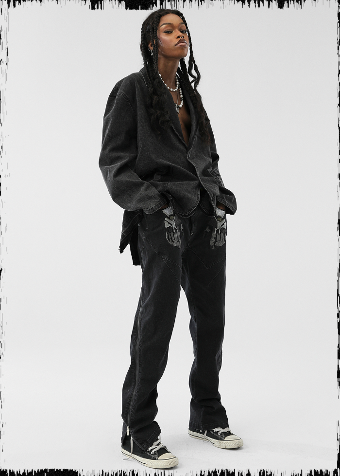 JHYQ Slim Zipper Openings Printed Denim Jeans